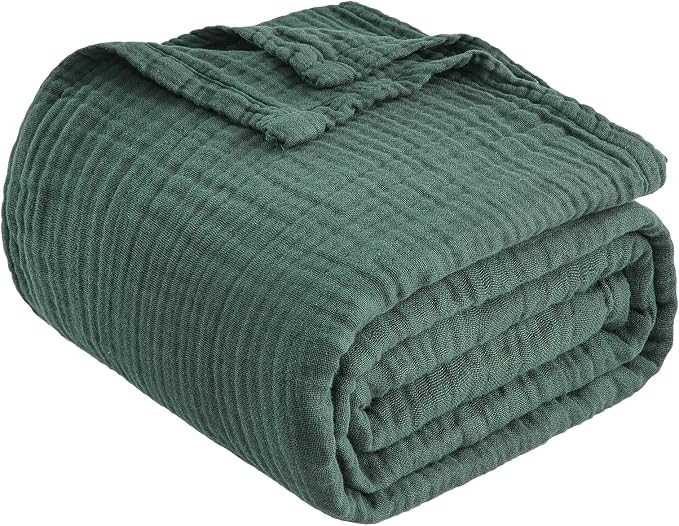 EMME Muslin Blankets for Adults Throw Blanket for Couch Breathable Gauze Soft Lightweight Airy Forest Green Throw XL 50" x 71"