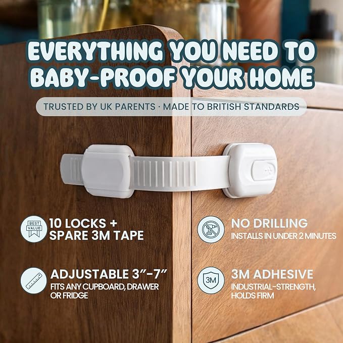 Booboo Baby 6 Pack Cabinet Locks Baby Proofing - Child Proof Cabinet Locks for Drawers, Fridge, Toilet Seats - Adjustable Cupboard Lock for Children with 3M Adhesive - Easy to Install No Tools Needed