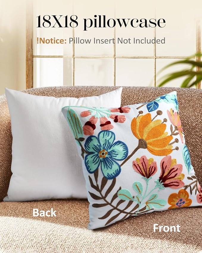 Embroidered Throw Pillow Cover - 18x18 Decorative Pillow Cover with Zipper Aesthetic Cute Design Boho Spring Summer Cozy Throw Pillowcase for Living Room Couch Sofa Bed, Elegant Flowers
