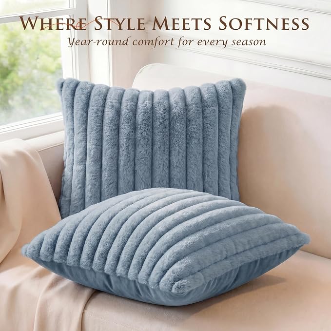Pack of 2 Throw Pillow Covers 20x20 Decorative Solid Plush Faux Fur with Soft Velvet Back, Square Striped Cushion Cases Modern Farmhouse Home Decor for Living Room Couch Sofa Bed Serene Blue