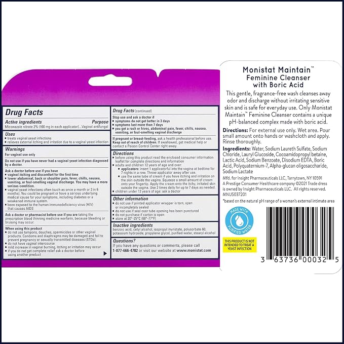 Monistat 7 Day Yeast Infection Treatment for Women, 7 Miconazole Cream Applications with Disposable Applicators + 10 fl oz Boric Acid Feminine Cleanser