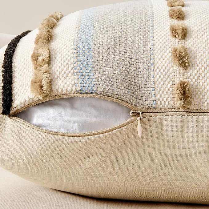 ANRODUO Boho Decorative Pillow Covers 18x18 Light Blue Stripe Pack of 1 | Throw Pillow Covers, Farmhouse Cushion Case, Chenille Pillow Cases, Pillow Covers, Accent Neutral Pillowcase for Sofa Couch