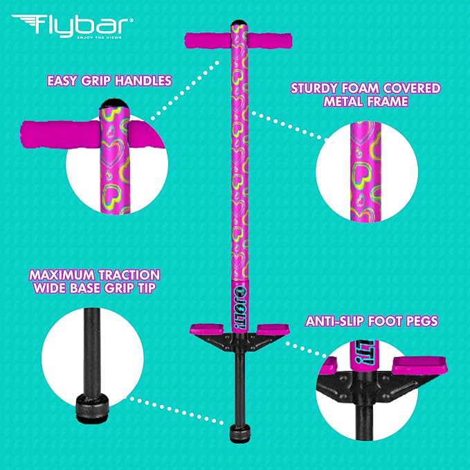 Flybar Jolt Pogo Stick for Kids, Perfect for Beginners w/Foam-Covered Metal Frame, Handles & Padding, Non-Slip Foot Pads, Wide Tip, Outdoor Active Play Toy for Boys & Girls, Ages 6+, Pink Hearts