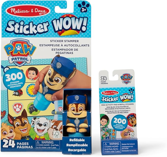 Melissa & Doug Sticker Wow!™ PAW Patrol Chase Bundle: 24-Page Activity Pad, Sticker Stamper, 500 Stickers, Mini Pad, Arts and Crafts Fidget Toy Collectible Character