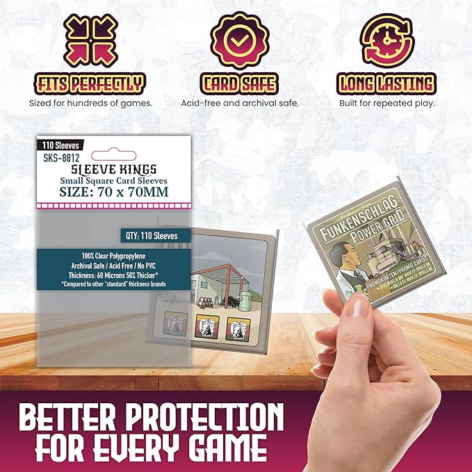 Sleeve Kings Standard Card Sleeves – 110 Count, Clear 60 Micron Thickness, Medium Square Size (70 x 70 mm), Compatible with Power Grid & More – SKU: SKS-8812