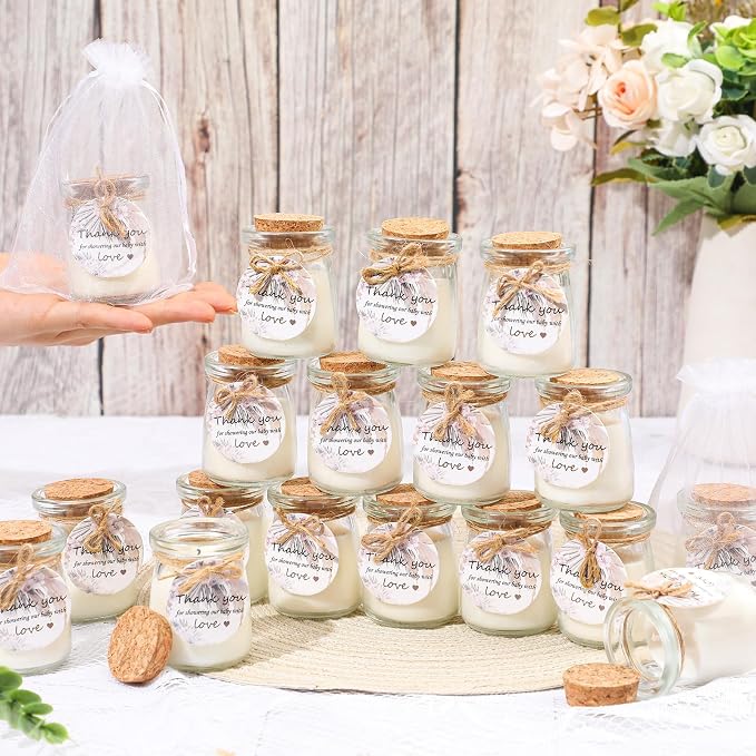 Threlaco 20 Pcs Boho Baby Shower Favors Party Candle Lavender Scented Glass Mason Jar Wax Candle Bulk for Guests Girl Boy Gender Reveal Party Gifts(Khaki)