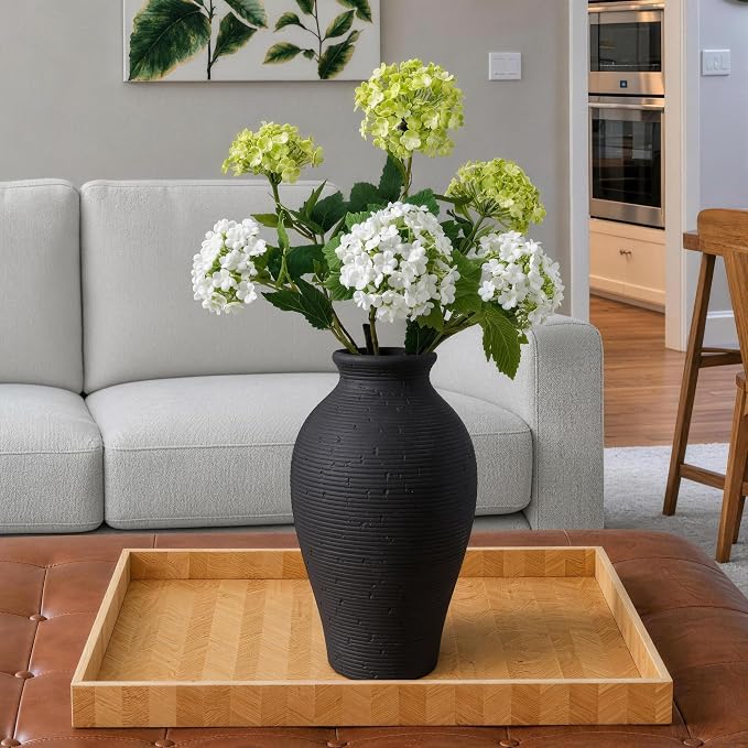 Ceramic Flower Vase Home Decor, 11 in Farmhouse Table Black Vases Rustic Vintage Living Room Kitchen Bedroom Decorations Pottery Decorative Vases for House Shelf Office Coffee Desk Dining Fireplace