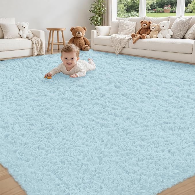 8x10 Area Rug for Living Room:Ultra Soft Fluffy Shag Teal Blue Rugs,Large Fuzzy Plush Indoor Non Slip Carpet Washable Rug for Bedroom Kids Nursery Office Dorm Modern Decor(Light Blue 8'x10')