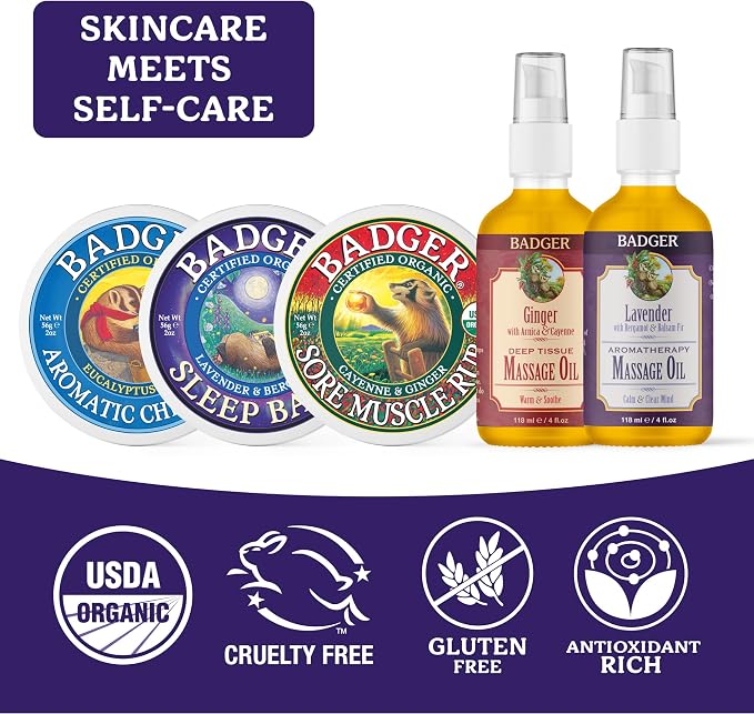 Badger Ginger Massage Oil, 100% Organic Massage Oil, w/Arnica Oil & Cayenne for Warming Soothing Deep Tissue Sore Muscle Relief, 4 fl oz Glass Bottle