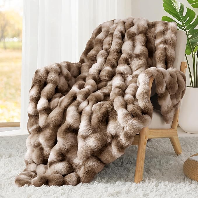 Luxury 1000GSM Rabbit Faux Fur Blanket, Super Heavy Warm Cozy Brown Blankets for Couch Bed Sofa, Ruched Plush Fuzzy Elegant Soft Reversible Mink Blanket for Living Room Bedroom, 60" x 80"