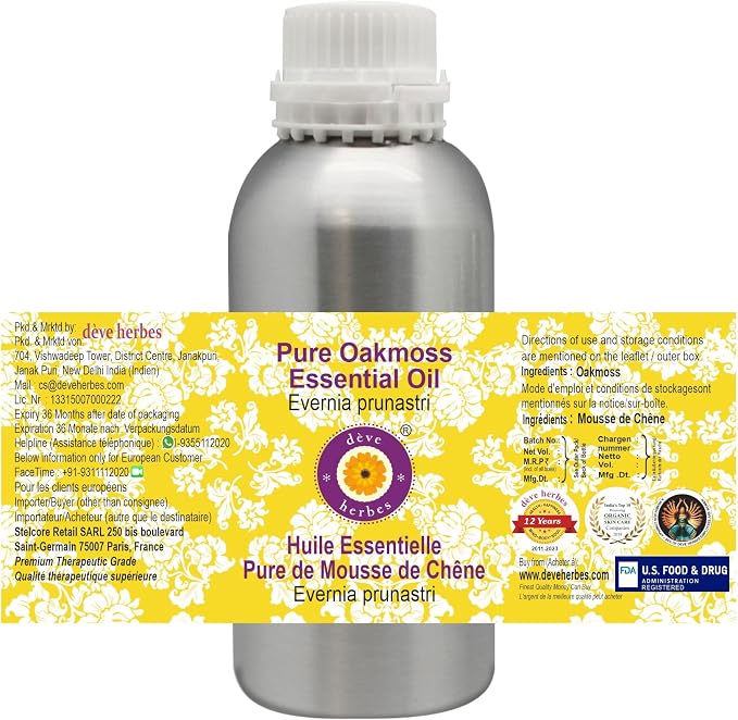 Deve Herbes Pure Oakmoss Essential Oil (Evernia prunastri) Steam Distilled 300ml (10 oz)