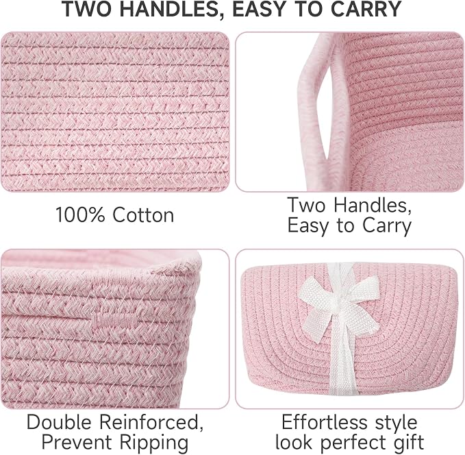 3 Pack Small Storage Baskets for Organizing, 11.8×7.8×5.1", Mixed Pink | Woven Baskets for shelves, Cotton Rope Basket for Gifts Empty, Closet Organizer Bins with Handles, Cube Decorative Box