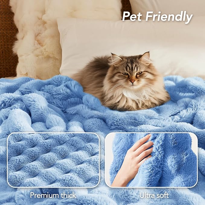 L'AGRATY Faux Rabbit Fur Throw Blanket for Couch, 90'' x 90'', Airy Blue | Soft Cozy Bubble Fluffy Blanket for Sofa Bed, Thick Warm Plush Fuzzy Throw for Room Home Decor, Luxury Gift for Women Mom