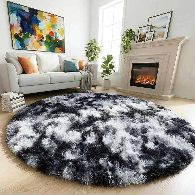 Amdrebio Black White Grey Round Rug 5Ft Circle Area Rugs for Living Room Bedroom, Fluffy Fuzzy Shaggy Furry Rugs for Kids Room Dorm Home Office, Shag Plush Floor Modern Cool Carpet for Men Teen Boys