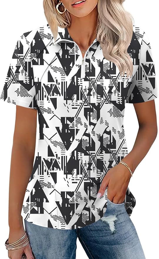 LOMON Womens Golf Polo Shirt Summer Short Sleeve Quarter Zip Outfit | Side-Pockets,Princess Seams,Cotton,Wrinkle Free,Moisture Wicking,Quick-Dry,Lightweight,Collared,for Tennis Workout