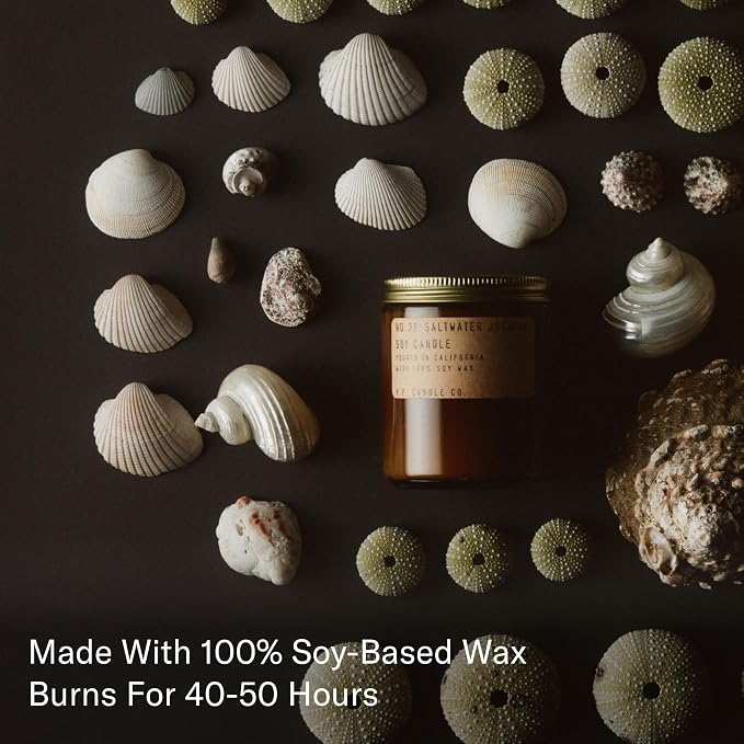 P.F. Candle Co. Classic Standard Scented Soy Wax Candle (7.2 oz) 40-50 Hour Burn Time, Amber Glass Jar, Made in The U.S.A. (Saltwater Jasmine)