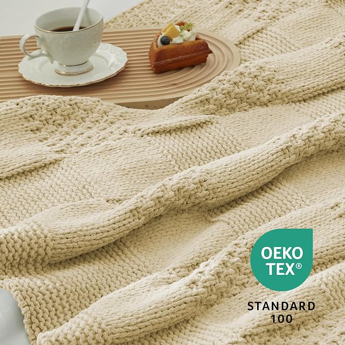 Knit Throw Blanket, Soft Chenille Cozy Breathable Checkered Chunky Decorative Blanket for Couch, Bed & Sofa, French-Inspired Lightweight Warm Gift for Women, Beige, 50"x60"