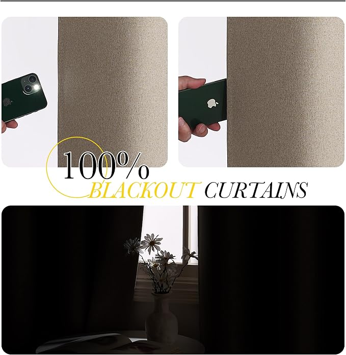 NICETOWN Farmhouse Style 100% Blackout Crisp Faux Linen Curtains 90 inches Long for Living Room, 2 Panels, 52" W, Room Cooling Thermal Insulated Window Draperies for Dining Room, Home Office