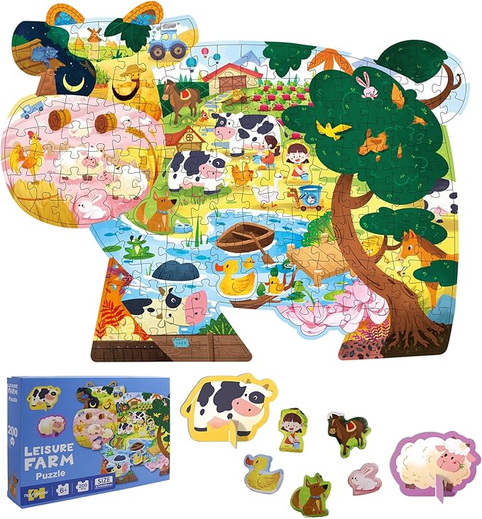 Animal Puzzles for Kids Ages 6-8 200 Piece Cow Jigsaw Puzzles Farm Animal Shape Floor Puzzle Ages 8-10 Learning Educational Toy Birthday Gift for Boys Girls Ages 10-12