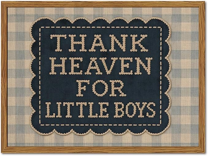 Framed Thank Heaven for Little Boys Wall Art, Baby Boy Nursery Wall Decor, Vintage Blue Gingham Inspirational Quote Paintings Canvas Prints Pictures for Toddler Kids Bedroom 16x24 inch