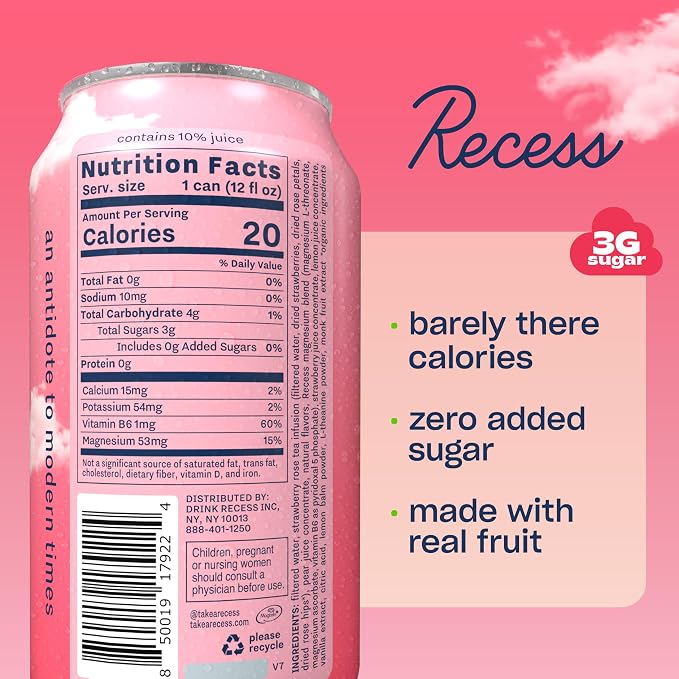 Recess Mood Magnesium & Adaptogen Drink, Relaxation Beverage, 12 ounce (Strawberry Rose, 12 pack)