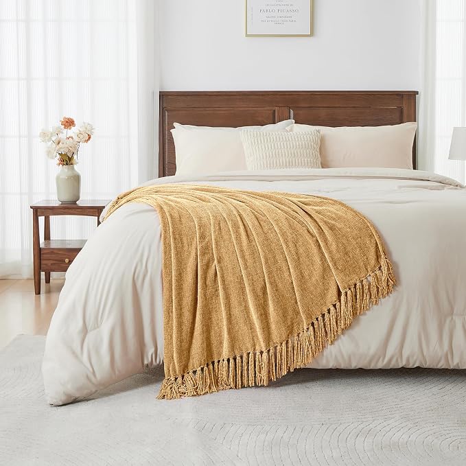 CozeCube Chenille Throw Blanket, Light Brown Fringe Blanket, 50"X60" | For Couch, Cozy Plush Fuzzy Decorative Blanket with Fringe Tassels, Lightweight Throws for Bed Sofa Gift Home Decor