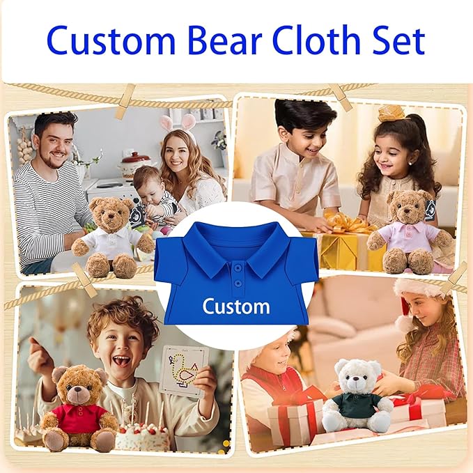 15 Pcs Personalized Teddy Bear Clothes with Name Photo, Custom Stuffed Animal Clothing Fit 8-16 inch Bears Clothes for Stuffed Animals, Doll Clothing Make Your Own Plush Doll Shirt