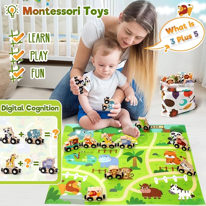 Montessori Toys for 1 2 3 Year Old Boys, Toddler Toy 2-3 Years Girls Boy Gifts Magnetic Wooden Train Kids Toys for Ages 2-4 Preschool Learning Activities Farm Animals with Track Mat