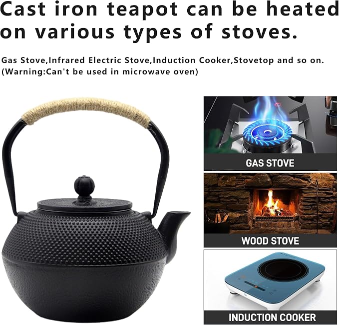 YJX 40.6 fl oz Cast Iron Teapot Set, Japanese Tetsubin Tea Set with Cast Iron Teacups, Small Tea Kettle Set with Strainer for Loose Tea, Enameled Interior (1200ml Tea Set with Cups and Saucers)