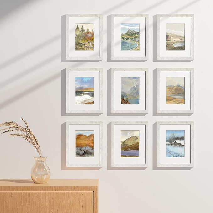 Vittanly 8x10 Picture Frames, Wall & Tabletop, 9 Pack, Vintage Marble White | Display Pictures 5x7 with Mat or 8x10 without Mat, Small Photo Frames, Engineered Wood with Shatter Resistant Plexiglass