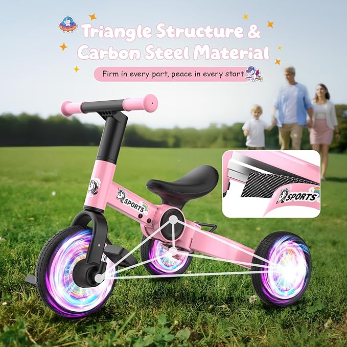 3 in 1 Toddler Balance Bike for 1-4 Year Olds, Colorful Lighting Baby Toddler Tricycle for 1 2 3 4 Year Old with Removable Pedals, Kids Bicycle Toy for Boys Girls Balance Training, Birthday Gift
