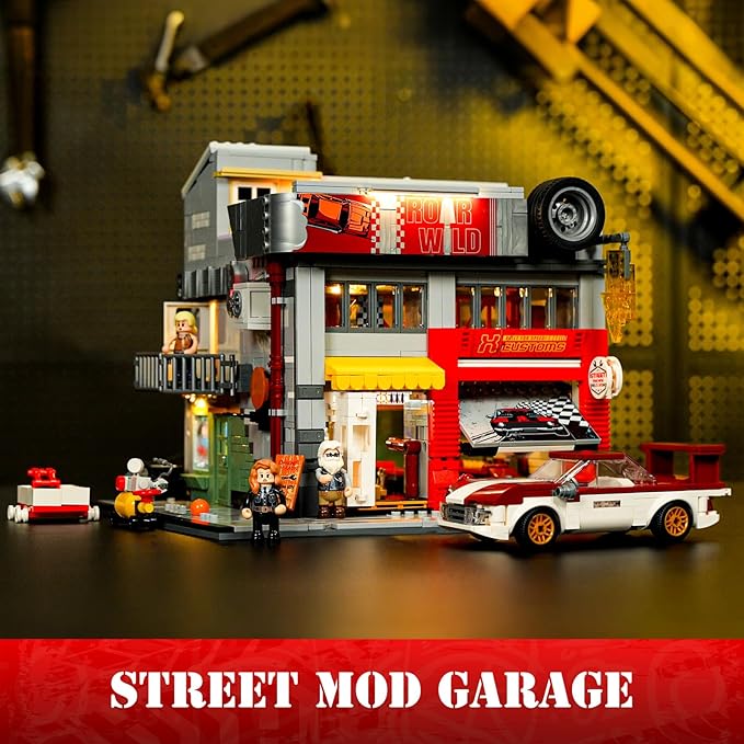 Street MOD Garage Lighting Building Bricks Set - Street Fusion City Car Modification Shop Modular Building Collection Kit 1935 Pcs for Adults & Teen & Car Lovers