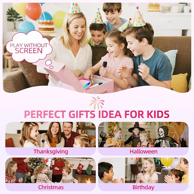 Kinglucky Mini Karaoke Machine for Kids, Top Birthday Gift Pick for Girls Ages 3, 4, 5, 6, 7, 8, 9, 10, 11, 12 Years Old, Kids' Personal Video Players Accessories with 2 Mics & Fun Voice Effects, Pink