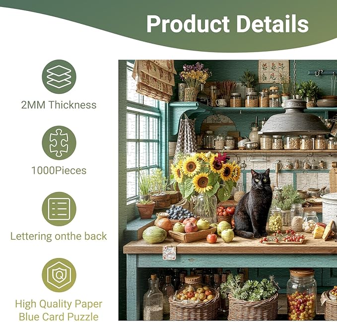 1000 Piece Puzzle for Adults - Black Cat Vintage Country Kitchen Jigsaw Puzzles - Brain Teaser Adult Puzzles - Christmas Birthday Gifts for Women/Men