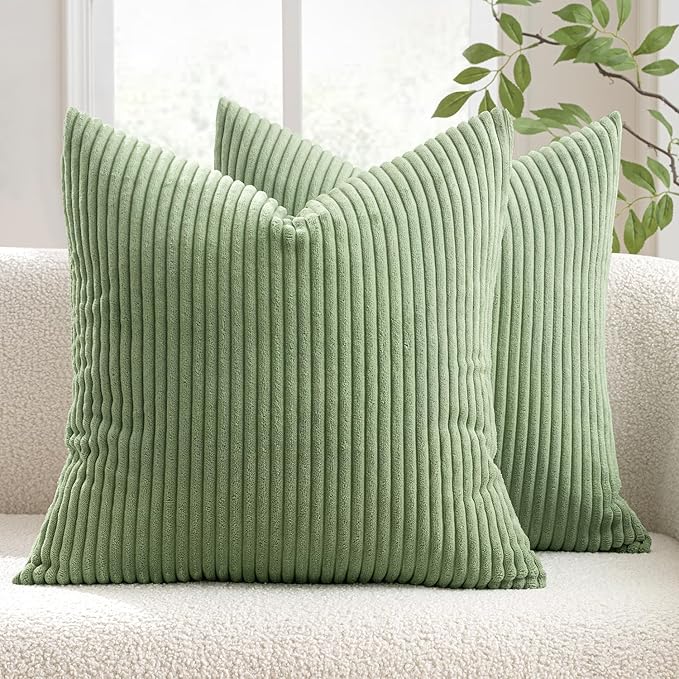 MIULEE Decorative Corduroy Throw Pillow Covers Set of 2 18x18 Sage Green | Soft Striped Textured Cushion Cases, Boho Natural Greenery Pillowcases for Home Decor, for Couch Chair Sofa Bed Living Room