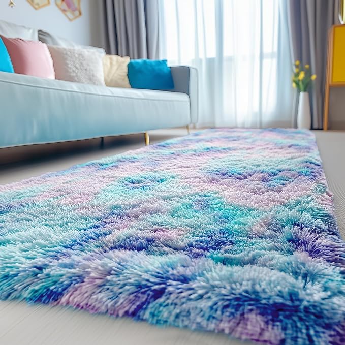 PAGISOFE Adorable Furry Rainbow Rugs for Bedroom Girls, 2x4 Soft Purple Shag Tent Rugs for Livingroom, Bedside, Kids Room, Nursery, Home Decor, Fluffy Fuzzy Carpet Plush Mermaid Kawaii Throw Pink Rug