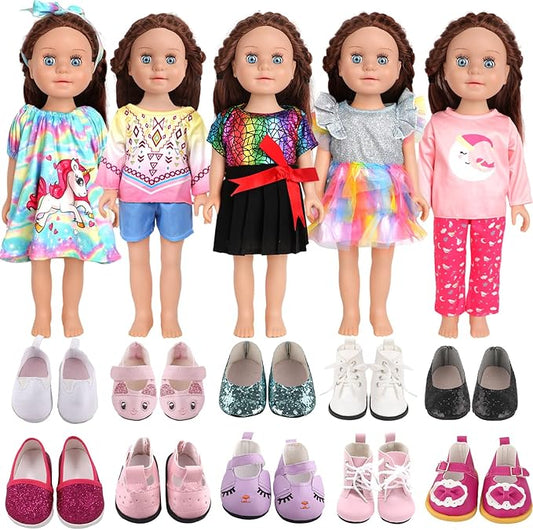 7-Set Doll Clothes & Shoes for 17-18 Inch Dolls / 11-Piece Outfits (Unicorn Dress, Pajamas, Glitter Shoes & More)