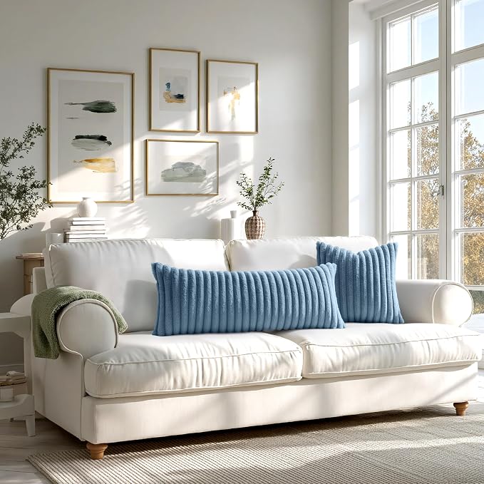 MIULEE Faux Fur Decorative Euro Sham Pillow Covers 24x24 Grey Blue 2 Pack | Coastal Modern Soft Plush Couch Pillows, Cozy Fluffy Cushion Covers for Sofa Bed Living Room Home Decor