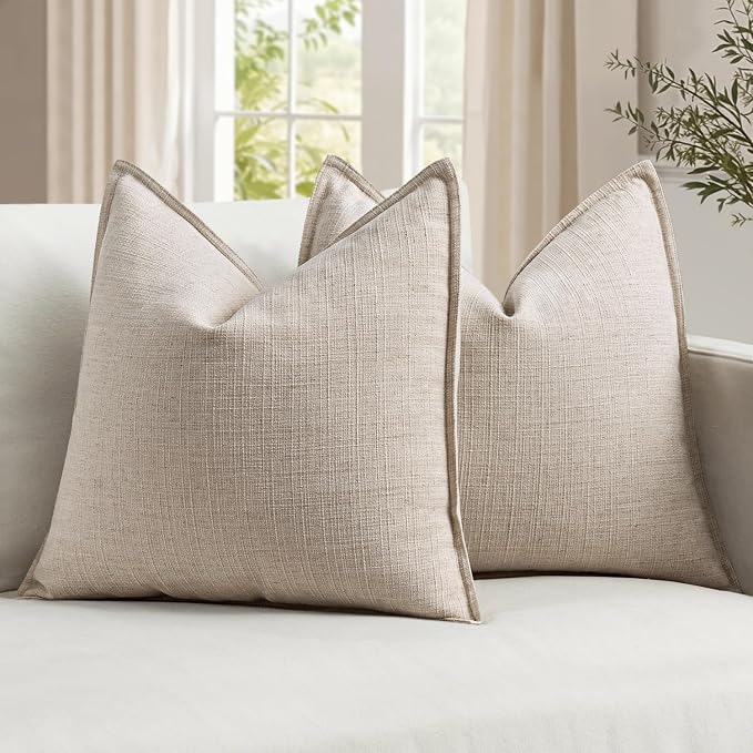 MIULEE Thick Textured Euro Sham Throw Pillow Covers 26x26 in Oatmeal Linen | Set of 2, Decorative Linen Blend Pillow Cover, Flange Edge Design, Farmhouse Modern Boho Style, Bed Couch Living Room Decor