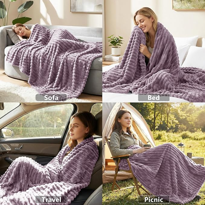 HIMEET Dusty Purple Queen Blanket for Bed, 300GSM Ribbed Fleece, 90 x 90 | Ultra Soft Flannel, All-Season Lightweight Warmth, Cozy Bed Coverage & Bedroom Decor, Gift for Men & Women, Machine Washable