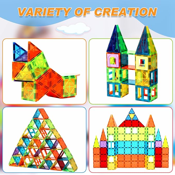 Magnetic Tiles,104PCS Magnetic Building Tiles for Kids, Educational Magnetic Stacking Blocks, Magnets Construction Toys, Christmas Toy Gift for Toddlers,Kids Boys and Girls 3 4 5 6 7 8 9+Year