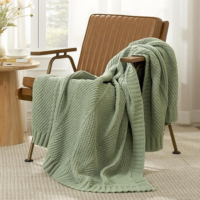 Knit Throw Blanket, Soft Chenille Cozy Breathable Chevron Chunky Decorative Blanket for Couch, Bed & Sofa, French-Inspired Lightweight Warm Gift for Women, Sage Green, 60"x80"