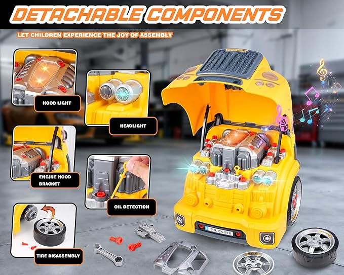 Interactive Truck Engine Toy with Removable Parts - Lights, Sounds, and Fun for Young Mechanics -Unleash Their Creativity and Motor Skills with This Truck Engine Toy (Yellow)