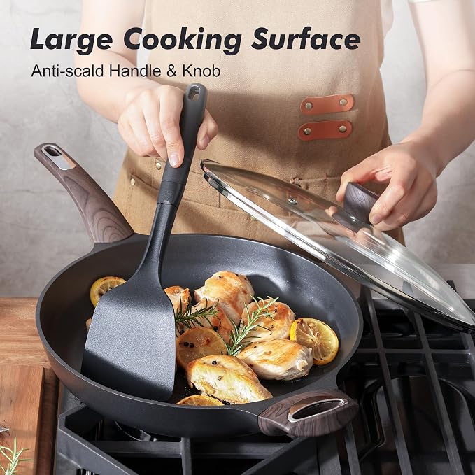 SENSARTE 12.5inch Nonstick Frying Pan Skillet with Lid, Black | Non Stick Pan Omelette Pans with Cover, Healthy Kitchen Cooking Chef's Pan with Cover, PFOA/PFOS Free, Induction Compatible