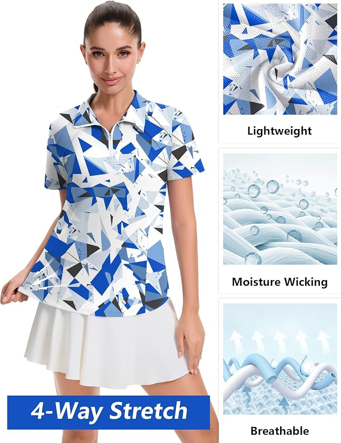 LOMON Womens Golf Polo Shirt Summer Short Sleeve Quarter Zip Outfit | Side-Pockets,Princess Seams,Cotton,Wrinkle Free,Moisture Wicking,Quick-Dry,Lightweight,Collared,for Tennis Workout