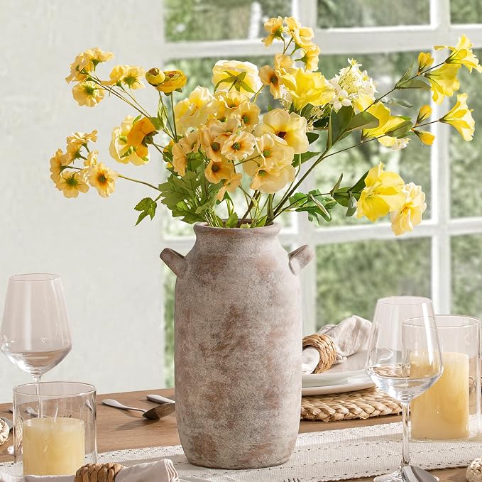 Large Flower Vase Home Decor - Tall Ceramic Farmhouse Rustic Table Vases with Handle Living Room Decoration Decorative Modern Pottery for Floor Kitchen Shelf Coffee Dining Desk Fireplace (12" Retro)