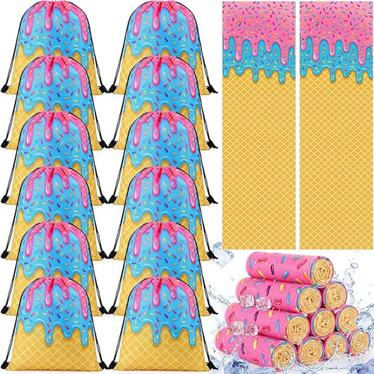 Peryiter 24 Pcs Ice Cream Drip Baseball Party Favors 12 Cooling Towels 12 Drip Drawstring Bags Bulk Sport Gifts for Teams Summer Camping Yoga Running Supplies, Chilly and Absorbent(Basic)