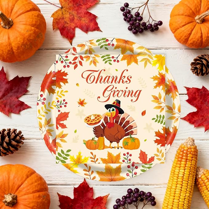 40Pcs Thanksgiving Paper Plates and Napkins Party Supplies, Disposable Fall Turkey Plates Napkins Dinnerware Set for Autumn Theme Friendsgiving Party Decorations