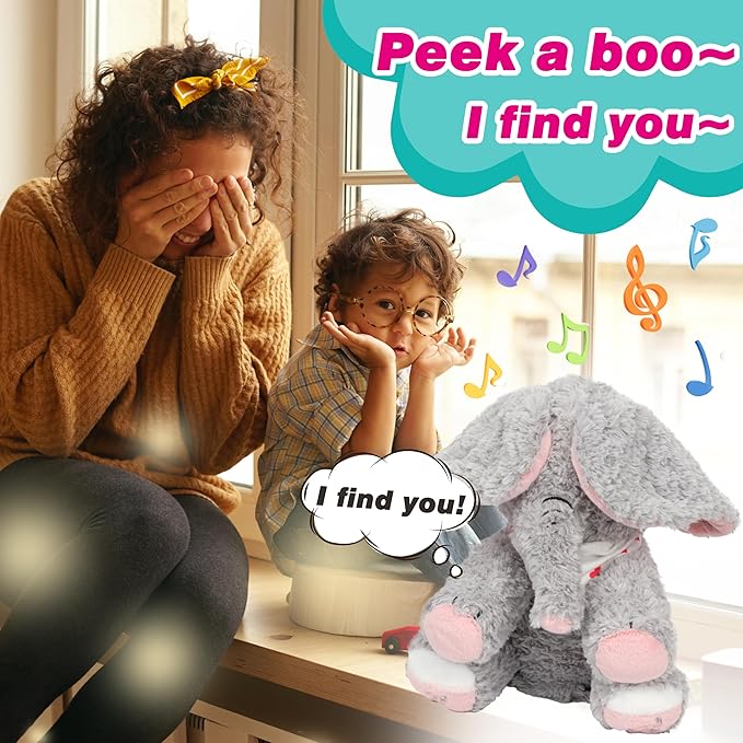 Cuteoy Peek A Boo Elephant Interactive Plush Toy Musical Singing Talking Stuffed Animal Adorable Electric Animate Christmas Birthday Gifts for Girls Boys