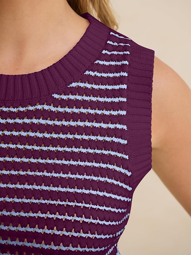 ANRABESS Womens Sleeveless Sweater Vest Striped Tank Tops | Crochet Knit Crew Neck, Lightweight Soft Comfy, Vacation Travel Work Casual Outfits, Sping Summer Layering Clothes